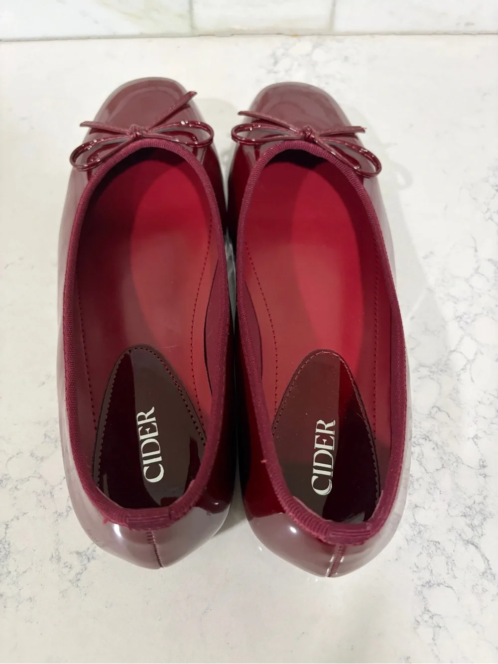 Cider Burgundy Patent Leatherette Ballet Flats with Bow Accent and Square Toe